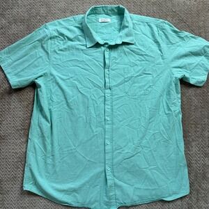JEKAOYI Mens XXL Blue Teal Cotton Linen Short Sleeve Button Down Shirt Pocket